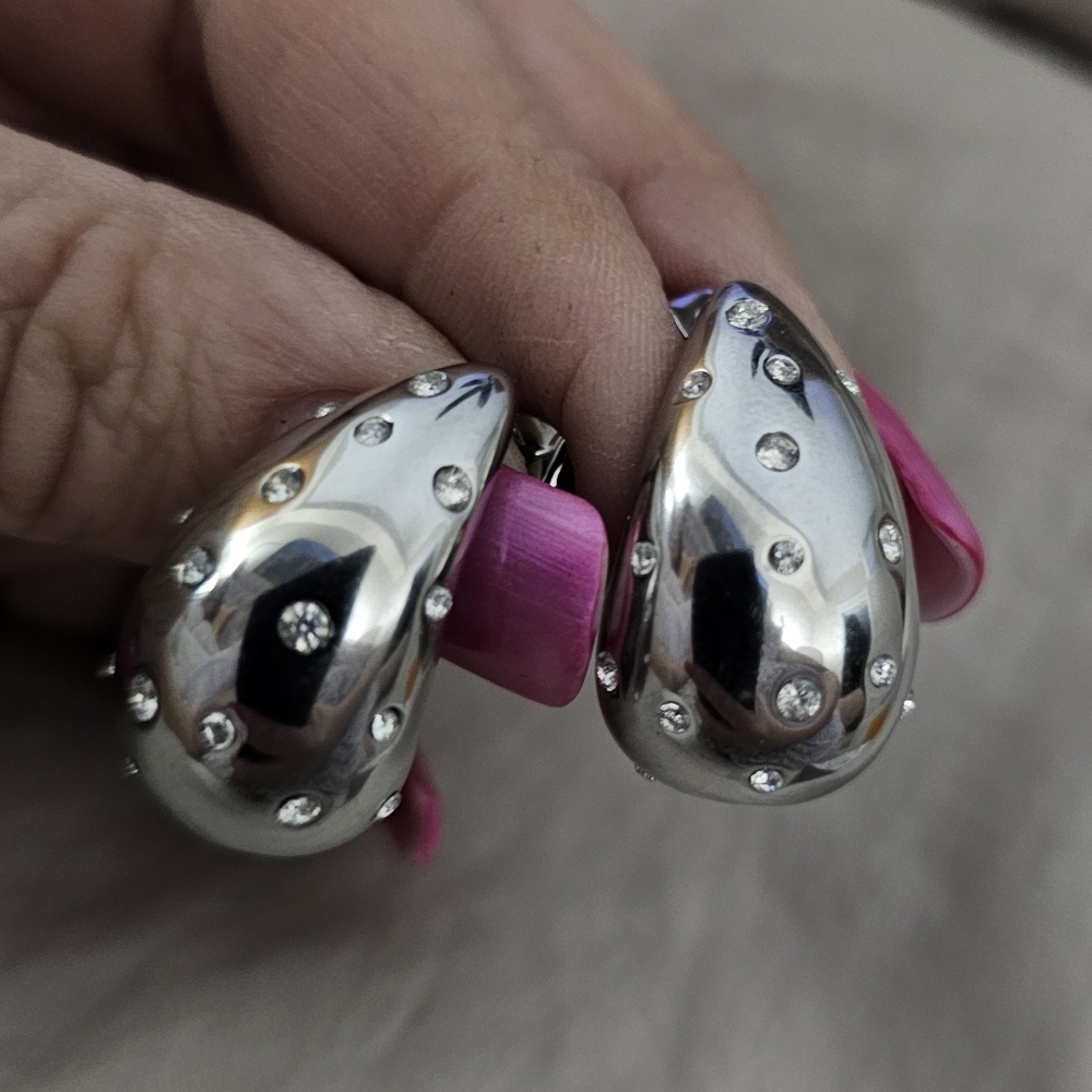Stainless Steel Dangling Modified Hoop Earrings With Gypsy Set Cubic Zirconia